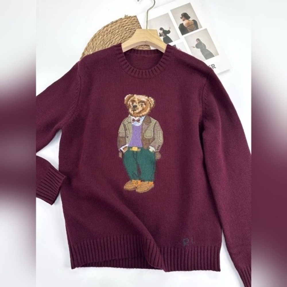 Ralph Lauren Burgundy and Red Bear Crewneck Sweater